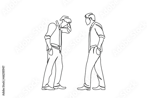 Frustrated and confused entrepreneur. Sad person. Difficult decisions and hopeless circumstances. Strong minded young man struggling with ideas and opportunities. Continuous line art vector graphic.