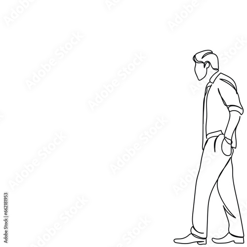 Frustrated and confused entrepreneur. Sad person. Difficult decisions and hopeless circumstances. Strong minded young man struggling with ideas and opportunities. Continuous line art vector graphic.