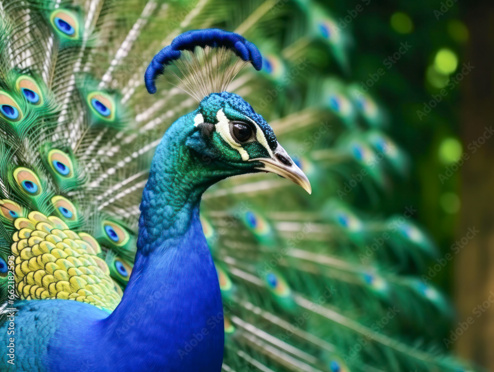 Schöner blauer Pfau im Freien, Pavo cristatus, Generative AI Schöner blauer Pfau im Freien, Pavo cristatus, Generative AI