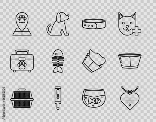 Set line Pet carry case, Collar with name tag and heart, Medical digital thermometer, Map pointer veterinary medicine hospital, Fish skeleton, Aquarium fish and Protective cone collar icon. Vector