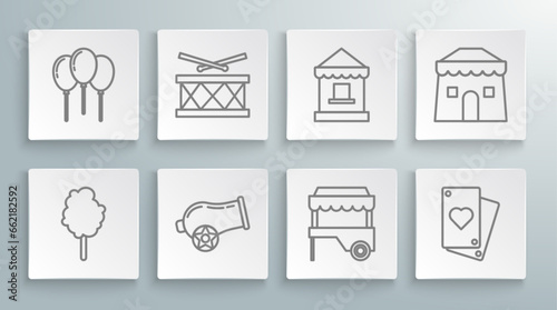 Set line Cotton candy, Drum with drum sticks, Cannon, Fast street food cart awning, Playing card, Ticket box office, Circus tent and Balloons ribbon icon. Vector