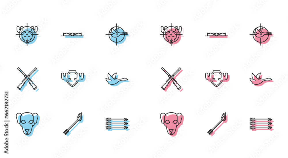 Set line Hunting dog, Flame arrow, on moose with crosshairs, Hipster arrows, Moose horns shield, Flying duck, Two crossed shotguns and Trap hunting icon. Vector - obrazy, fototapety, plakaty 