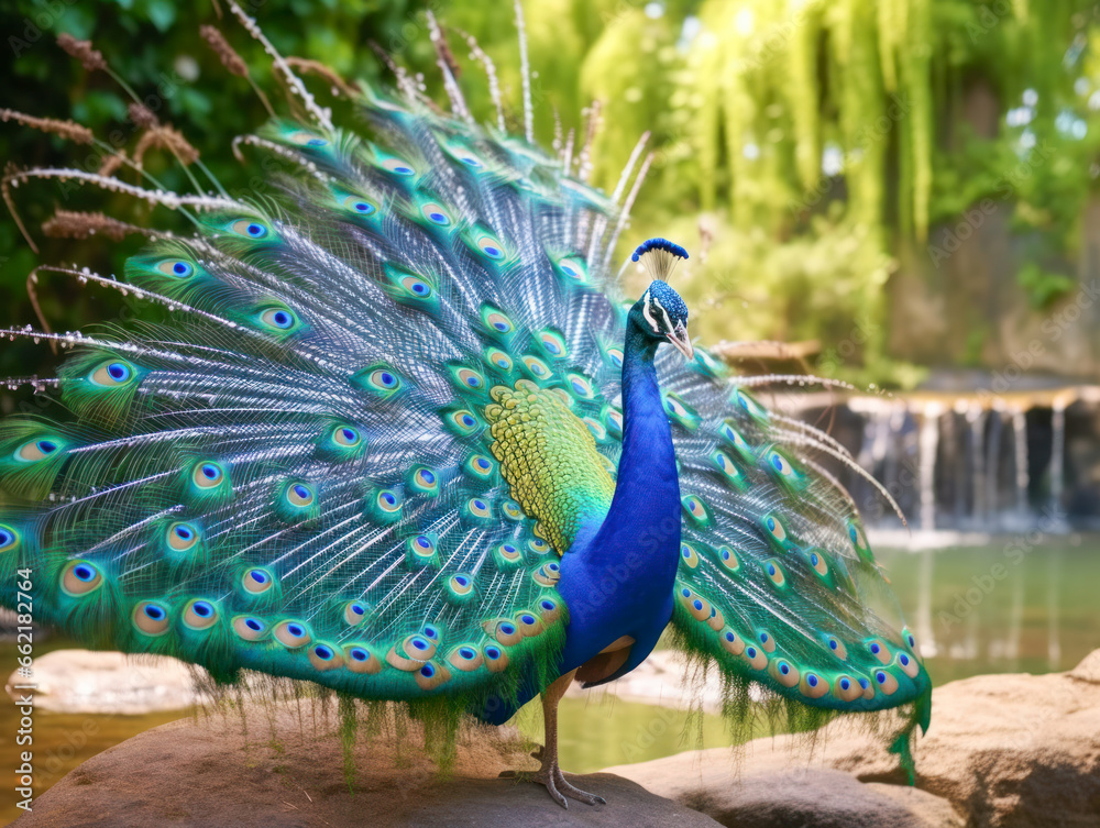 Obraz premium Schöner blauer Pfau im Freien, Pavo cristatus, Generative AI