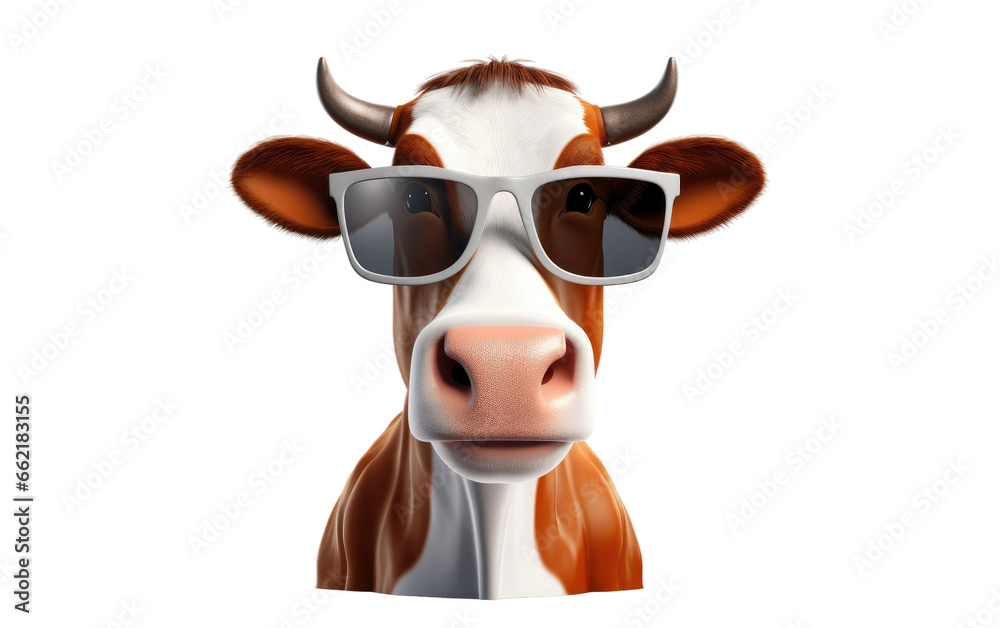 Cute Cow Wearing Sunglasses 3D Icon Object Cartoon Isolated on Transparent Background PNG.