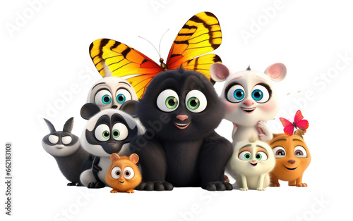 Cute Colorful Butterfly Lemur Bison Snail Chimpanzee 3D Cartoon Isolated on Transparent Background PNG.