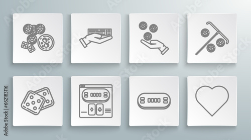Set line Game dice, Hand holding deck of playing cards, Online poker table game, Poker, Playing with heart symbol, casino chips, Stick for and Casino glass whiskey cubes icon. Vector