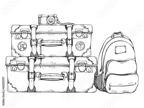 Ink hand drawn vector sketch. Illustration with set of retro vintage old suitcases with stickers luggage baggage and backpack. Design for tourism, travel, brochure, wedding, guide, print, card tattoo.