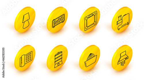 Set line Kitchen extractor fan, Citrus fruit juicer, Double boiler, Telephone, meat grinder, Bathroom scales, Digital alarm clock and Table lamp icon. Vector