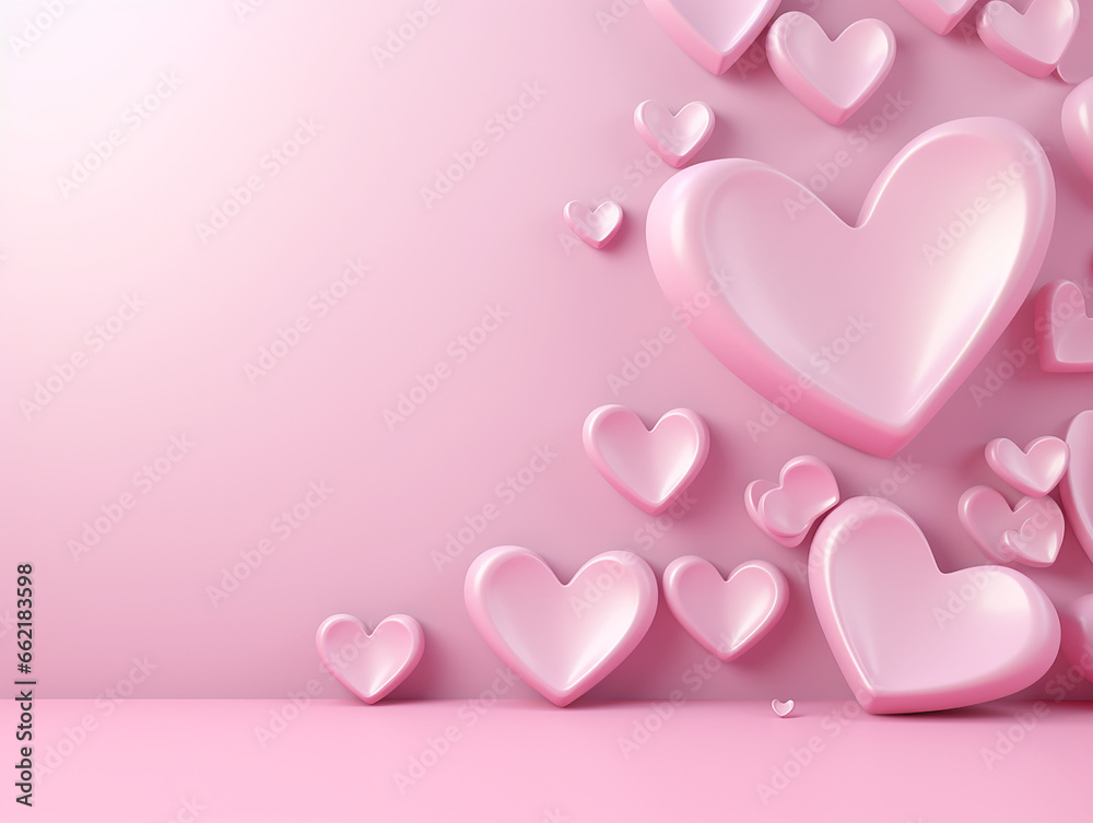 3d illustration of pink hearts on pastel pink color background. copy space