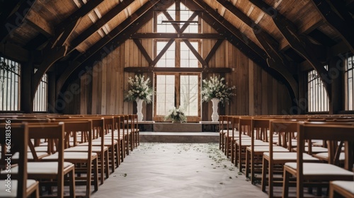 Rustic chapel wedding with wooden beams