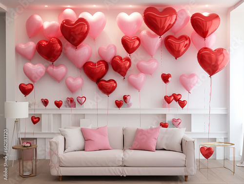 living room decorated with heart shaped balloons for romantic party photo