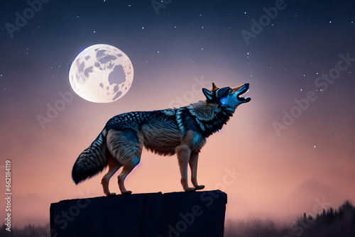 a blue wolf stands on a high rock and howls at the big white moon. AI GENERATE