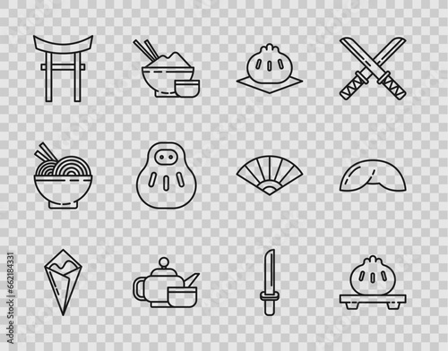 Set line Temaki roll, Dumpling on cutting board, Khinkali, Japanese tea ceremony, Gate, Maneki neko cat, katana and Chinese fortune cookie icon. Vector