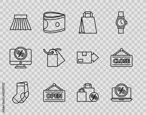 Set line Socks, Percent discount and laptop, Paper shopping bag, Hanging sign with Open, Skirt, Blank label template price tag, Shoping and Closed icon. Vector