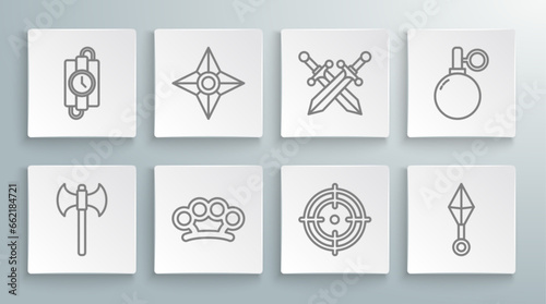 Set line Medieval axe, Japanese ninja shuriken, Brass knuckles, Target sport, Crossed medieval sword, Hand grenade and dynamite stick timer clock icon. Vector