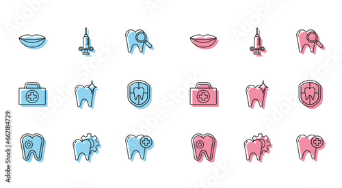 Set line Tooth with caries, treatment procedure, Smiling lips, whitening concept, Dental protection, First aid kit and medical syringe icon. Vector