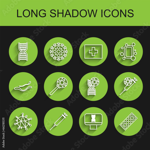Set line Virus, Syringe, DNA symbol, spiral and computer, Pills blister pack, under magnifying glass, virus and icon. Vector