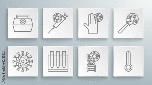 Set line Virus, Syringe and virus, Blood test, DNA symbol, Medical thermometer, Hand with, under magnifying glass and First aid kit icon. Vector