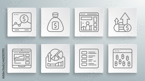 Set line Trading courses, Money bag, Stocks market growth graphs, Business finance report, Bitcoin browser, Website with, Financial and and icon. Vector