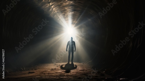 A person stepping out of a dark tunnel into the light