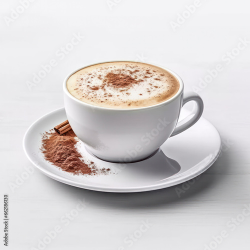 Eine Tasse Capuccino vor weißem Hintergrund, Generative AI © pwmotion