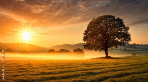 A radiant sunrise casting warm light on a peaceful landscape