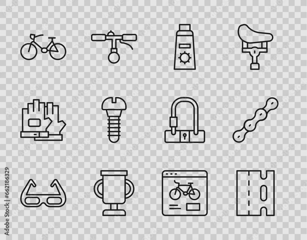 Set line Sport cycling sunglasses, Bicycle lane, Sunscreen cream tube, Award cup with bicycle, Metallic screw, rental mobile app and chain icon. Vector Set line Sport cycling sunglasses, Bicycle lane, Sunscreen cream tube, Award cup with bicycle, Metallic screw, rental mobile app and chain icon. Vector