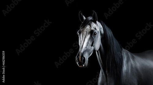 Close-up portrait of a horse on a black background.