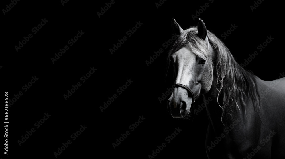 Close-up portrait of a horse on a black background. Close-up portrait of a horse on a black background.