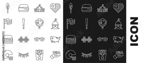 Set line USA Independence day, map, White House, United States Capitol Congress, Baseball bat, American flag, Indian feather and Tourist binoculars icon. Vector