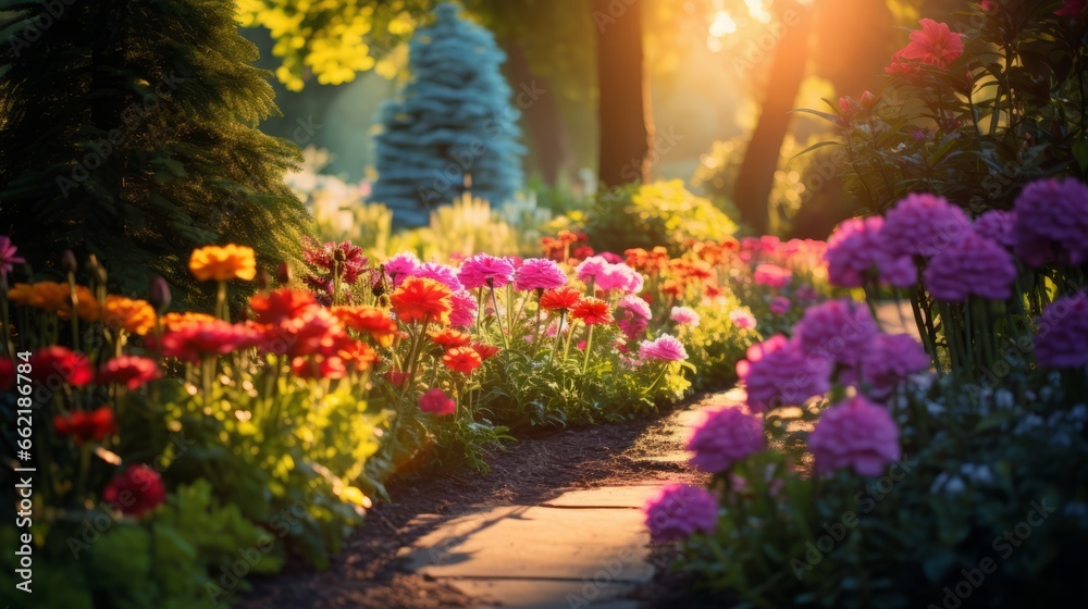 A vibrant garden filled with blooming flowers and positivity - obrazy, fototapety, plakaty 
