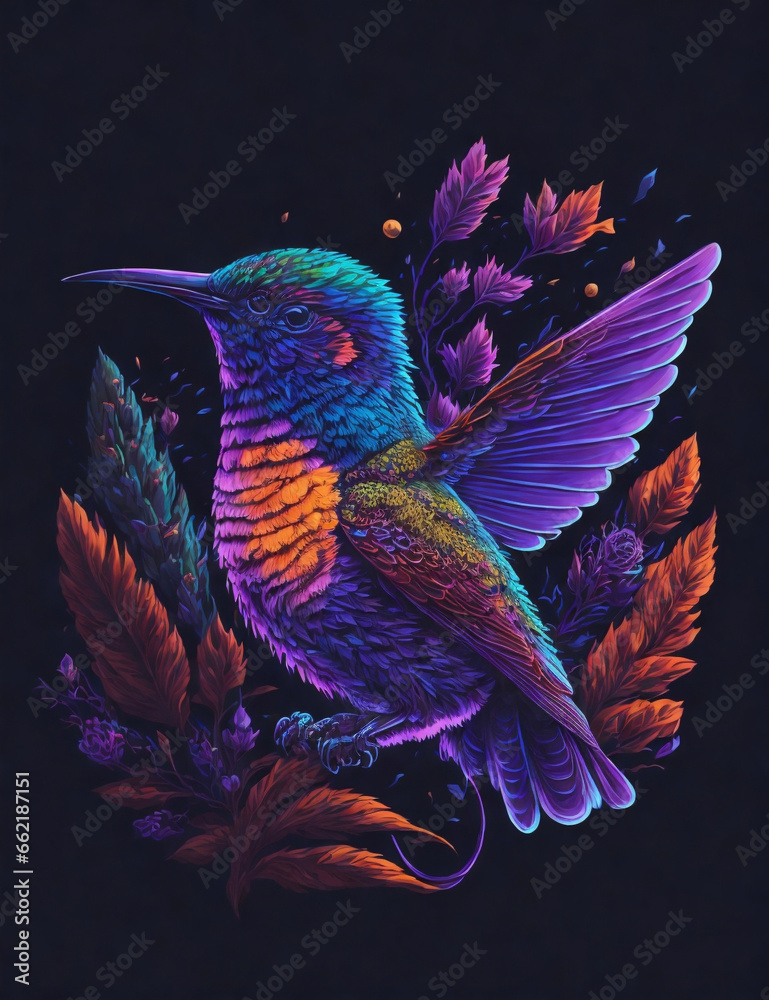 colorful hummingbird and flower at night