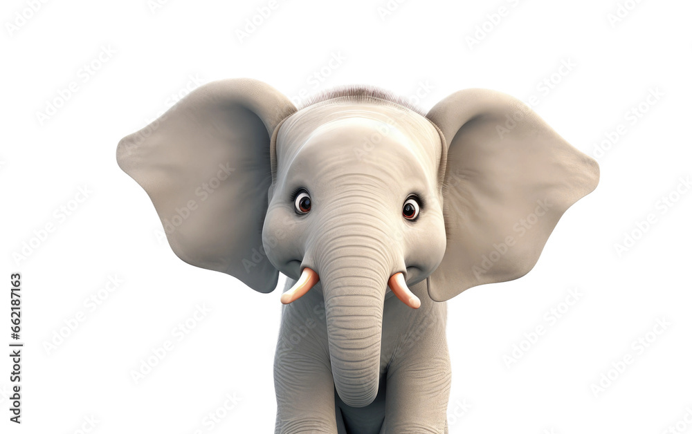 Portrait White Elephant 3D Cartoon Render Isolated on Transparent Background PNG.