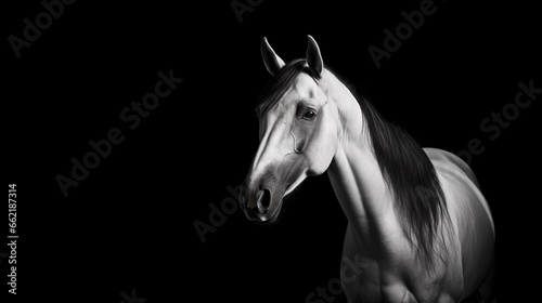 Close-up portrait of a horse on a black background.