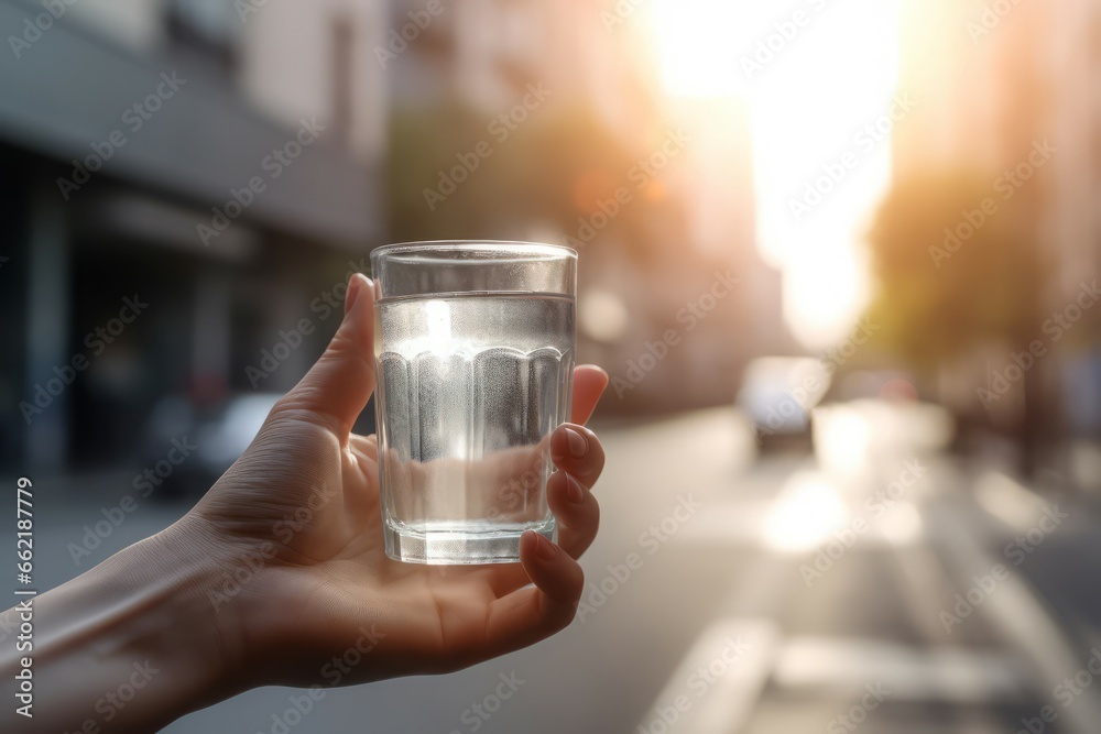 Human hand with glass of water. Hydration pure beverage in glass cup. Generate ai - obrazy, fototapety, plakaty 