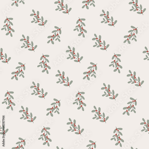 Christmas seamless pattern decorative branch with leaves and red berries. Perfect for seasonal gift paper  textile  celebration design