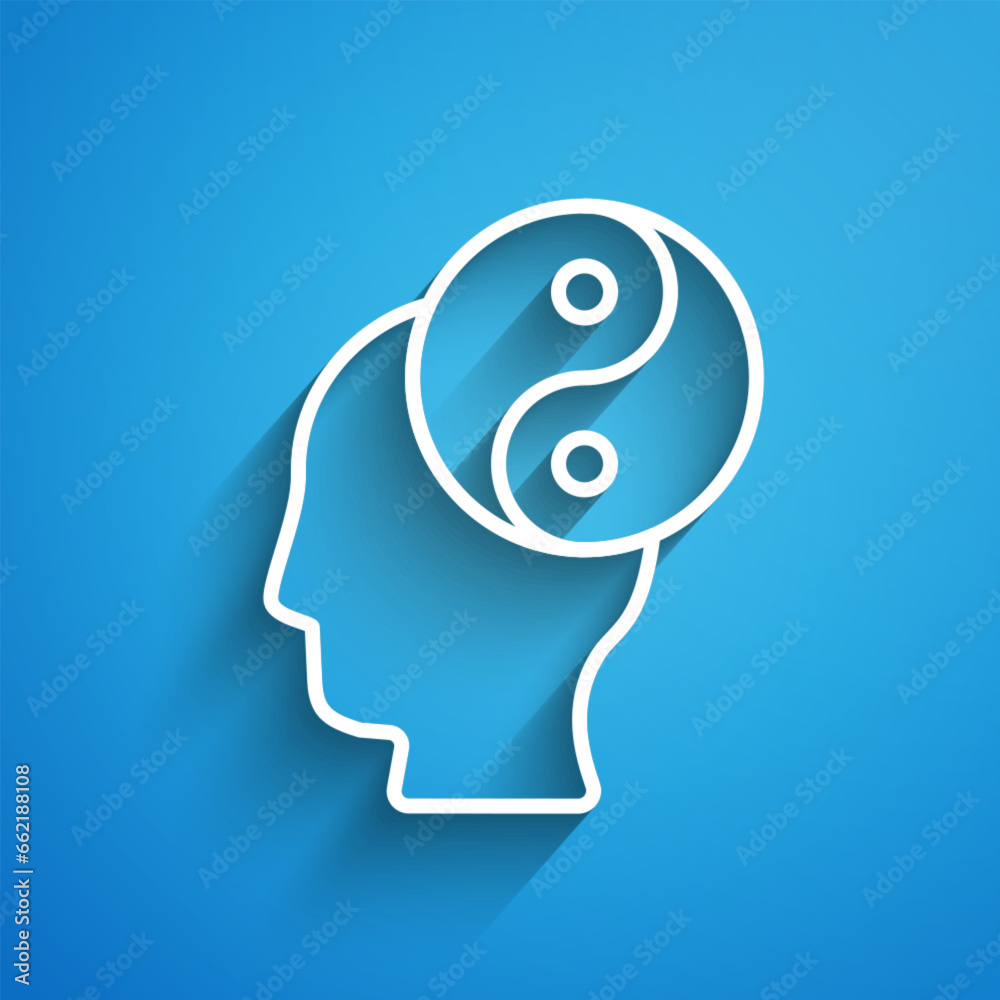 White line Yin Yang symbol of harmony and balance icon isolated on blue background. Long shadow. Vector White line Yin Yang symbol of harmony and balance icon isolated on blue background. Long shadow. Vector