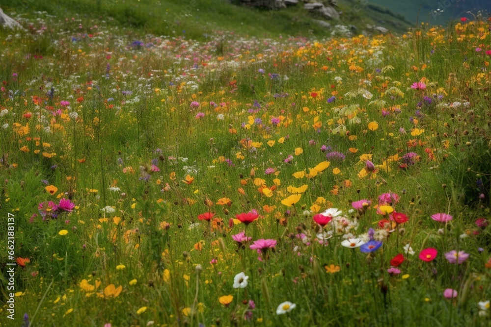 A meadow with a variety of colorful flowers. Generative AI