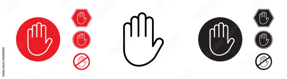 Stop hand road sign, hand icon, black and white sign, not allowed sign, white and red sign, graphic resources, vector, circular sign Stop hand road sign, hand icon, black and white sign, not allowed sign, white and red sign, graphic resources, vector, circular sign