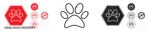 Pets sign, dog feet icon, pet feet icon, black and white sign, white and red sign, graphic resources, vector, circular sign 
