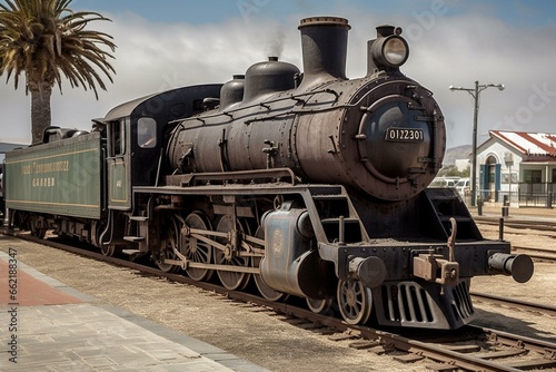 Old locomotive getting ready to leave Swakopmund station along Namibia's western coast. Generative AI