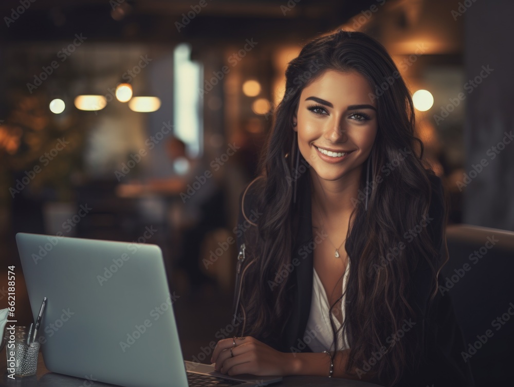 Cute business woman with long black hair work on laptop in office Cute business woman with long black hair work on laptop in office