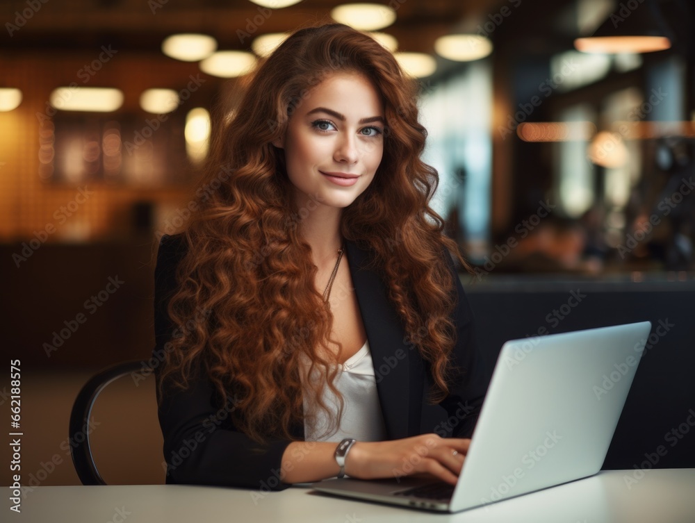 Cute business woman with long black hair work on laptop in office