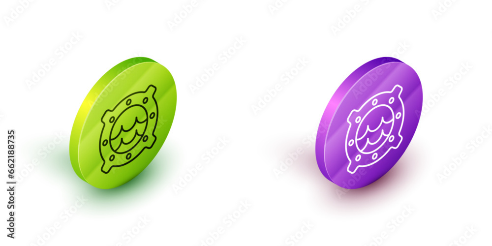 Isometric line Ship porthole with rivets and seascape outside icon isolated on white background. Green and purple circle buttons. Vector Isometric line Ship porthole with rivets and seascape outside icon isolated on white background. Green and purple circle buttons. Vector