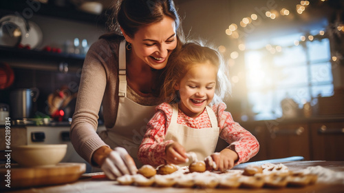 Caring mother and small daughter cooking Christmas cookies together in kitchen  mom teaches cute kid girl  preparing surprise for family. Communication concept. Merry Christmas. Generative AI.