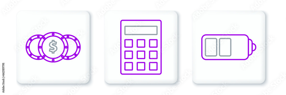 Set line Battery charge level indicator, Coin money with dollar symbol and Calculator icon. Vector Set line Battery charge level indicator, Coin money with dollar symbol and Calculator icon. Vector