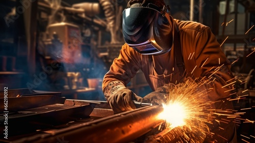 Welder creating sparks during metal joining