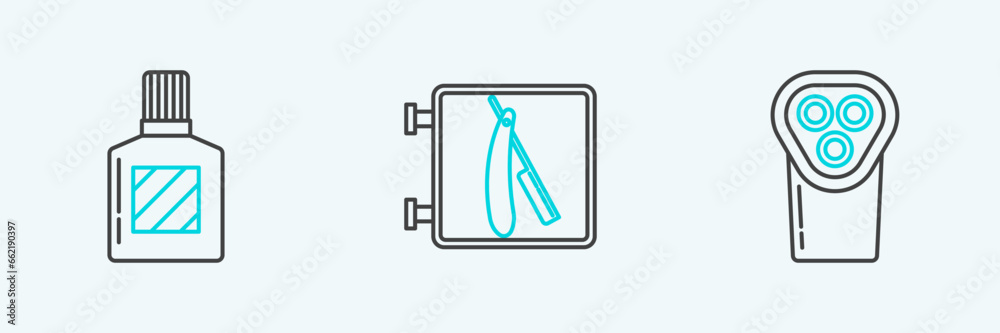 Set line Electrical hair clipper or shaver, Aftershave and Barbershop with razor icon. Vector Set line Electrical hair clipper or shaver, Aftershave and Barbershop with razor icon. Vector