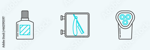 Set line Electrical hair clipper or shaver, Aftershave and Barbershop with razor icon. Vector