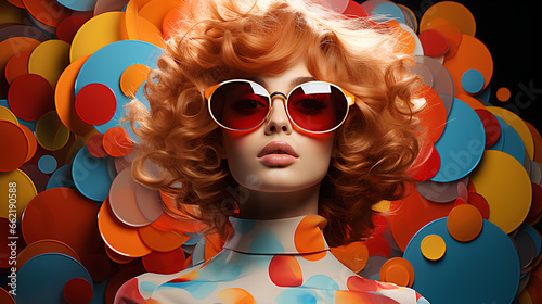 Fashion portrait of beautiful young woman with curly red hair wearing sunglasses.